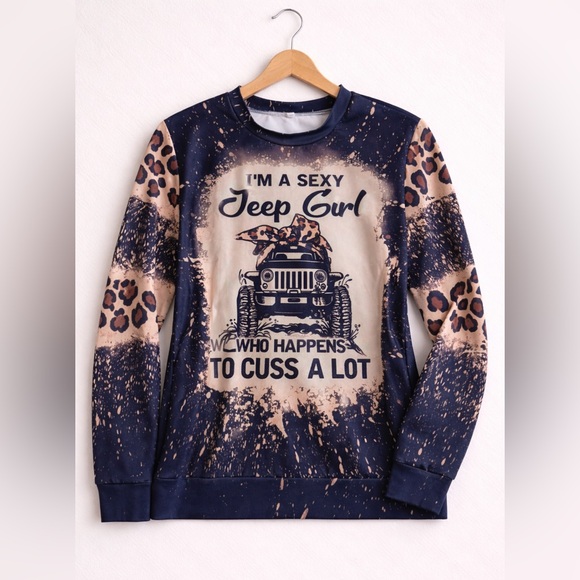 Tops - Leopard Print Jeep Girl Graphic Sweatshirt | Oversized Large | Novelty Pullover